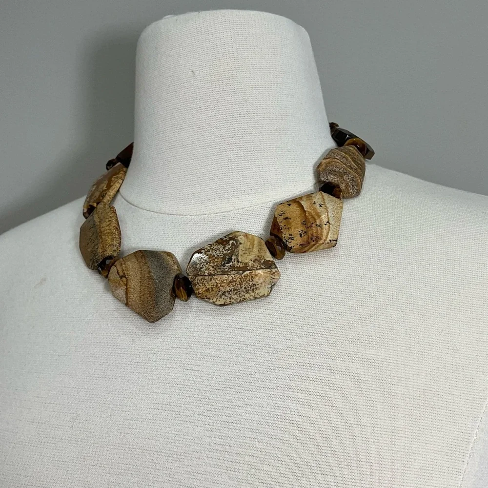 Natural Stone & Tiger Eye 3 pc Statement Beaded Necklace Earrings Bracelet Brown